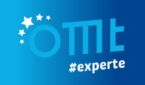 Blaues Expertensiegel, Text: "OMT #experte"
